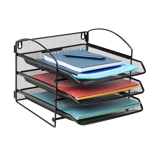 Mind Reader 3-Tier Paper Tray, Desktop Organizer, Wall Mountable, Office, Metal Mesh, 11.5"L x 14.25"W x 9.75"H, Black
